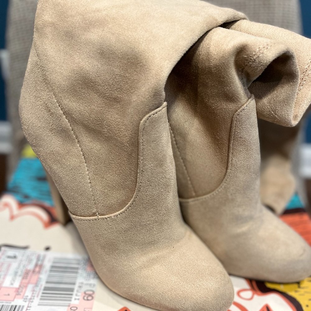 Faux Suede Beige Over The Knee Boots